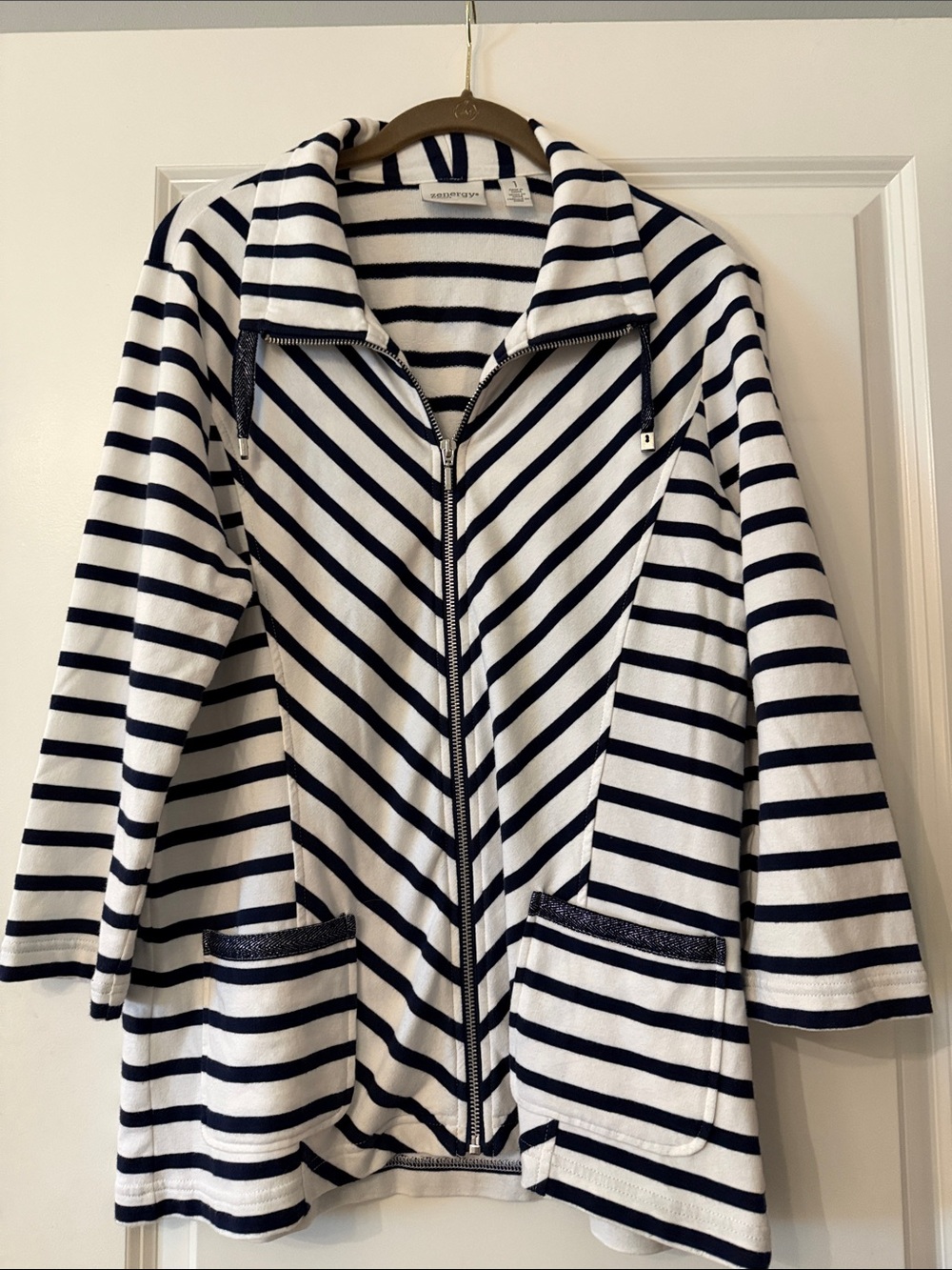 Zenergy Nautica Navy & White Striped Zip-Up Utility Jacket